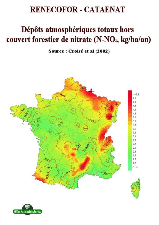 Les dépôts atmosphériques totaux hors forêt de nitrate de 1993 à 1998