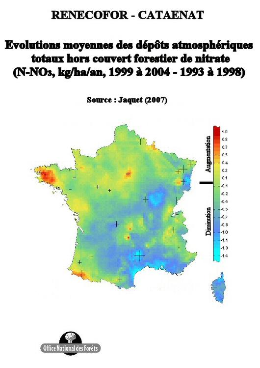 L'évolution moyenne des dépôts annuels de nitrate entre les périodes 1993 à 1998 et 1999 à 2004 
