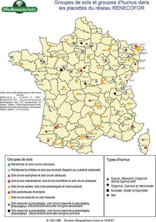 Groupes de sols et groupes d'humus dans les sites du réseau RENECOFOR (1993 - 1995)